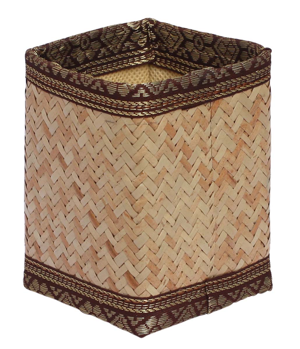 Bulk Wholesale Handmade Beige Color Pen Stand / Holder / Organizer in Bamboo Stalks – Decorated with Recycled Brocade Fabric – Desk Accessories in Eco-Friendly Material