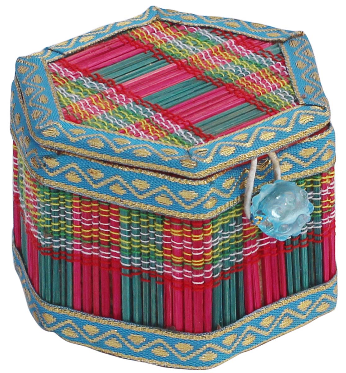 Hexagon Shaped Jewelry Box in Bulk - Wholesale Jewelry Box/Trinket Box in Bamboo Stalks & Recycled Brocade Fabric from India