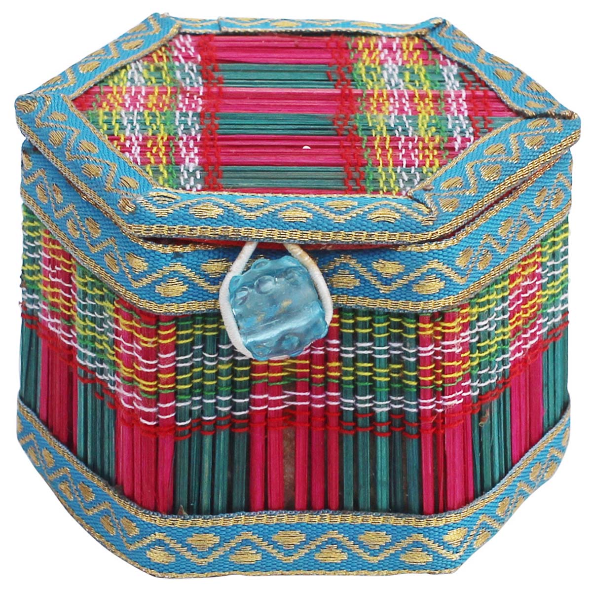 Hexagon Shaped Jewelry Box in Bulk - Wholesale Jewelry Box/Trinket Box in Bamboo Stalks & Recycled Brocade Fabric from India