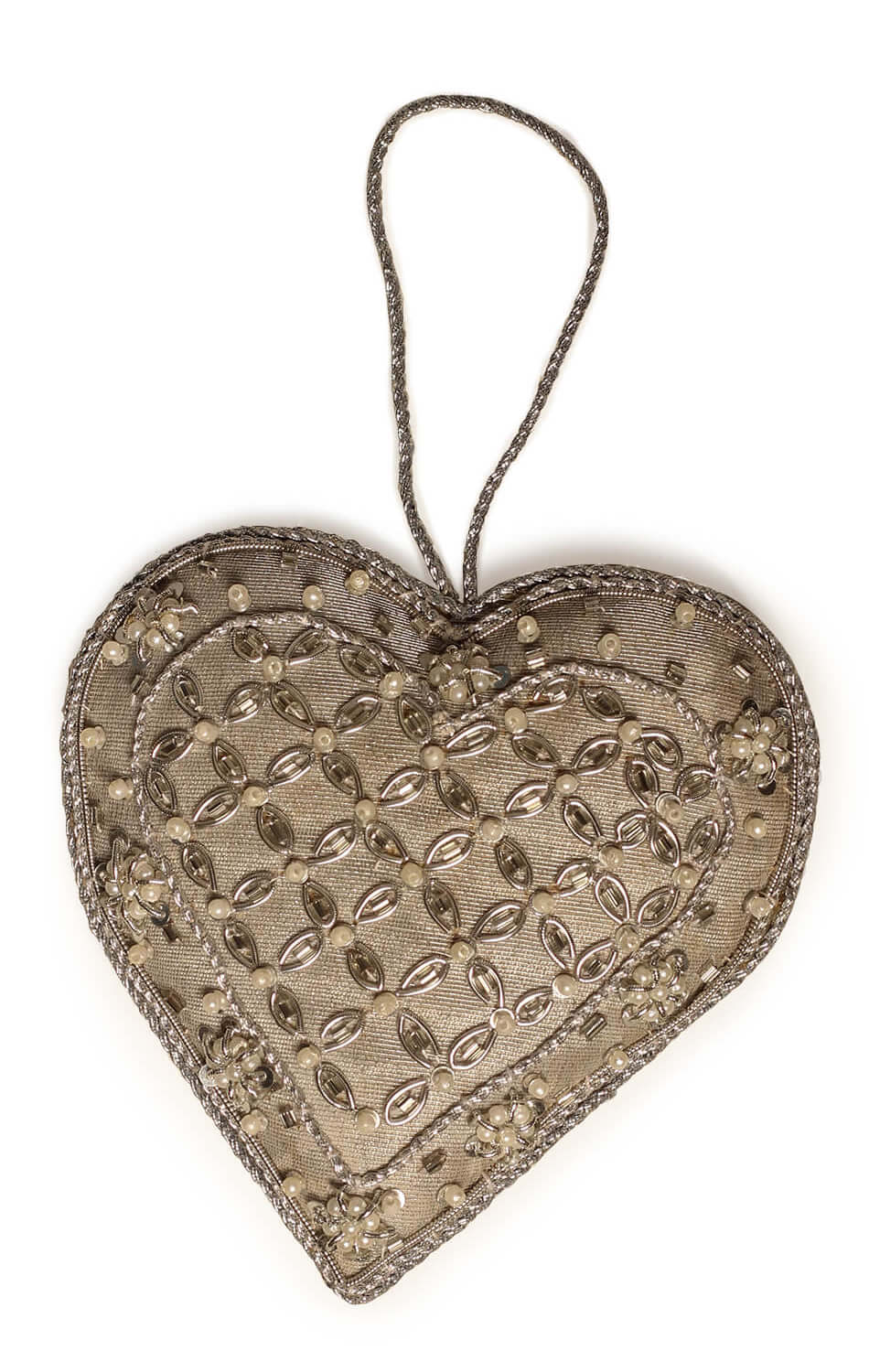 ArtistryBazaar 3.5" x 3.5" Silver Pearl Heart Christmas Décor, Handmade with Zari thread, sequence and cotton.