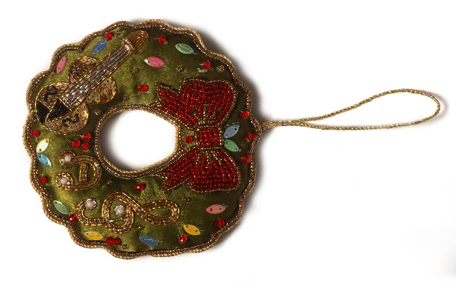 ArtistryBazaar 4.1" x 4.1" Handmade Green music themed Doughnut, made with Zari, Sequince and cotton.