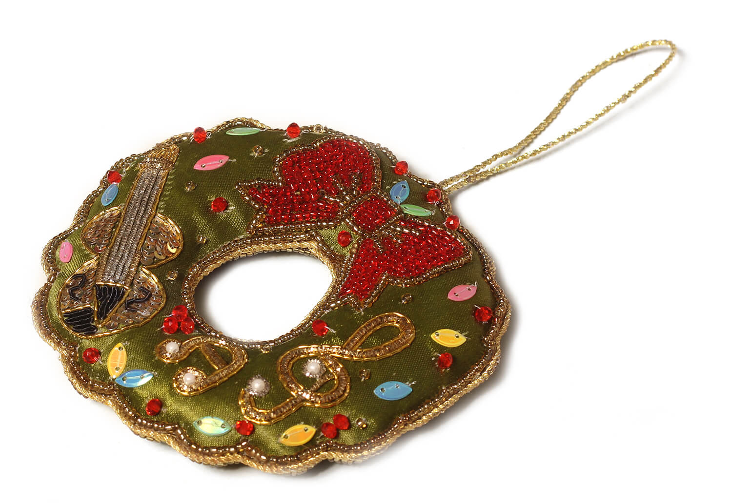 ArtistryBazaar 4.1" x 4.1" Handmade Green music themed Doughnut, made with Zari, Sequince and cotton.