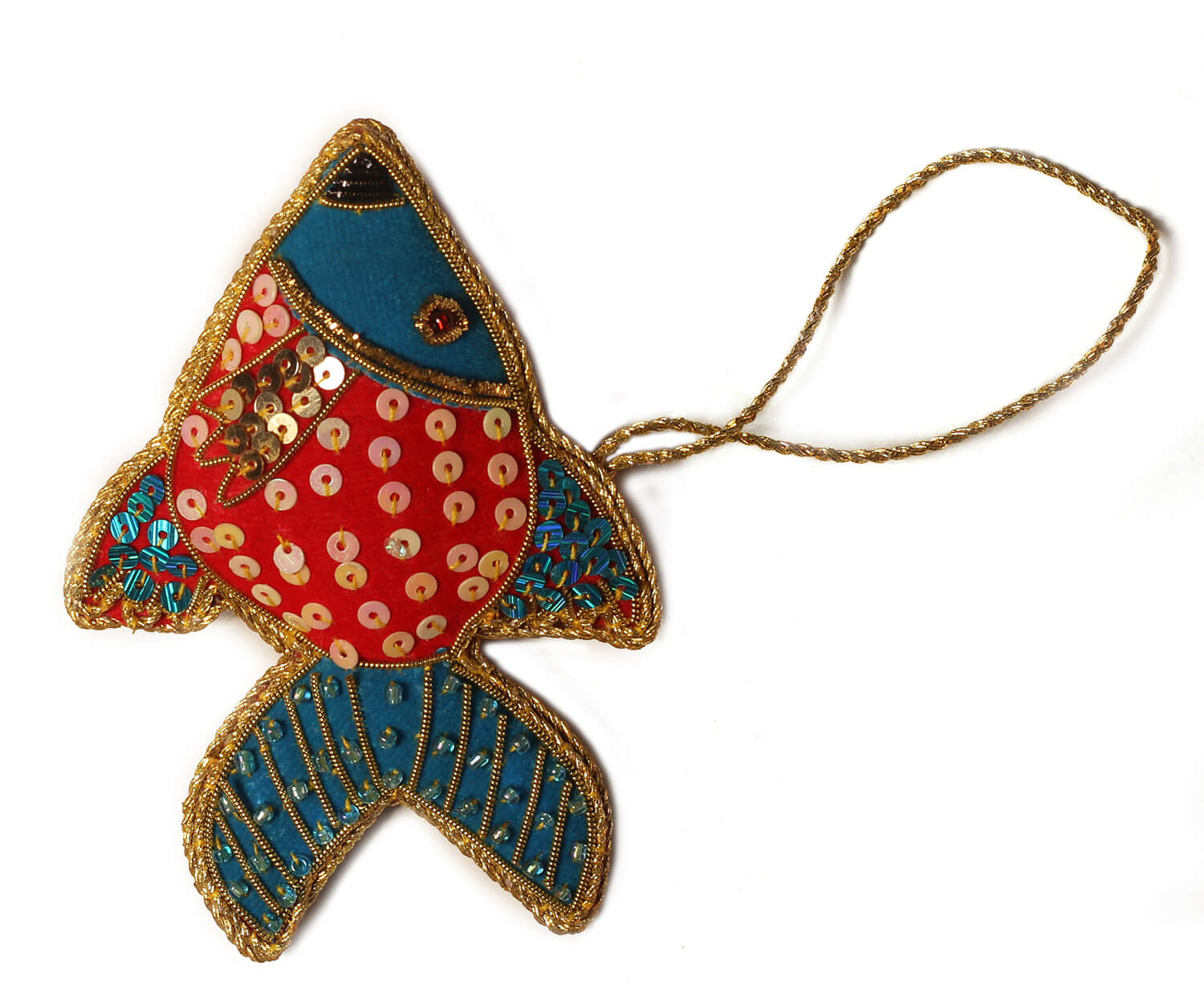 ArtistryBazaar 3"x4" Zari thread and sequins crafted , Blue and Red Fish Themed Christmas décor