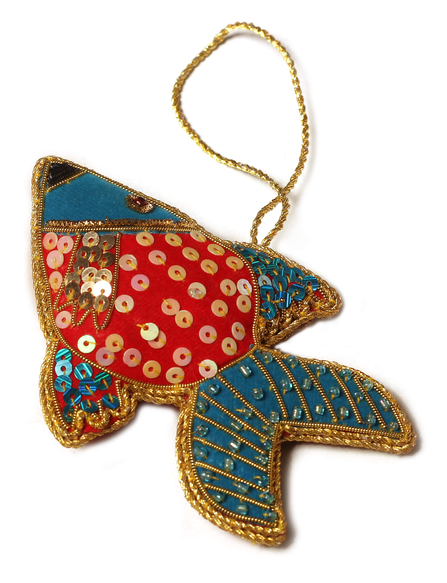 ArtistryBazaar 3"x4" Zari thread and sequins crafted , Blue and Red Fish Themed Christmas décor