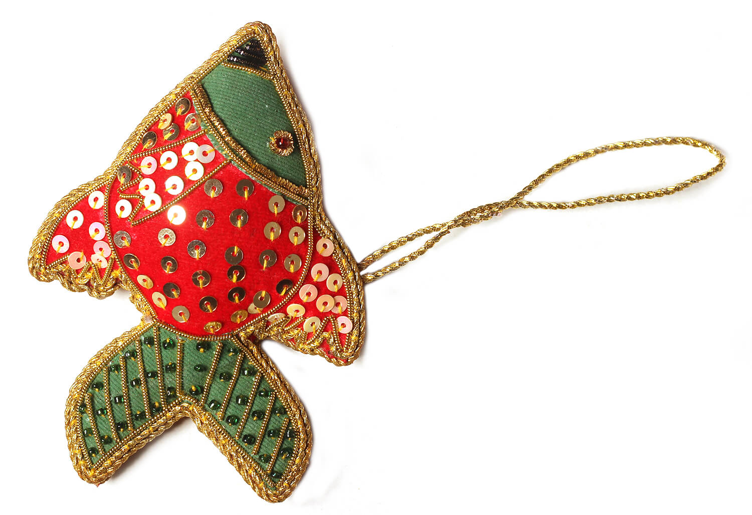 ArtistryBazaar 2.8" X 4" Red and Green colored fish.Handstiched with Zari thread,Cotton and sequins