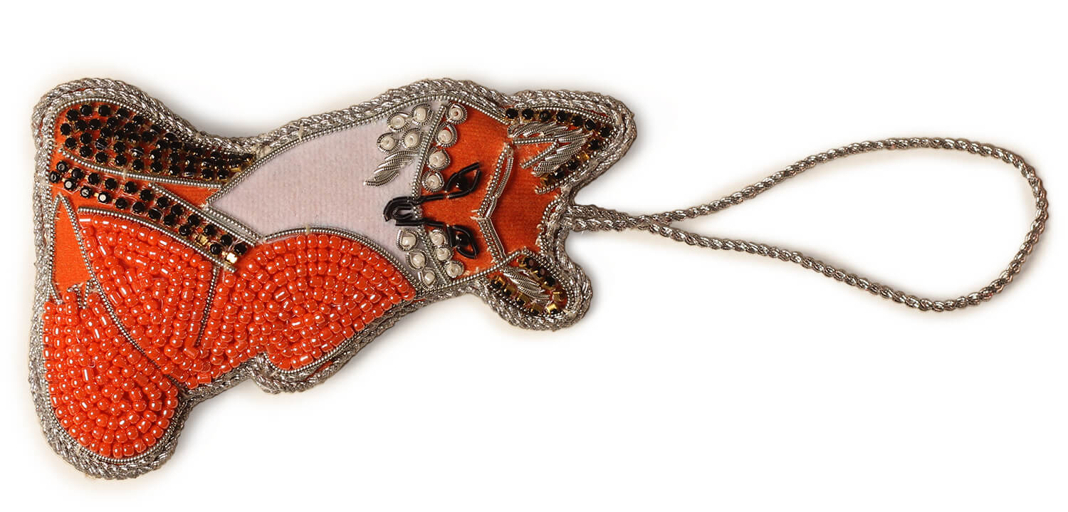 ArtistryBazaar 1.5" x 4" Orange coloured Fox themed Zari thread handstiched décor.