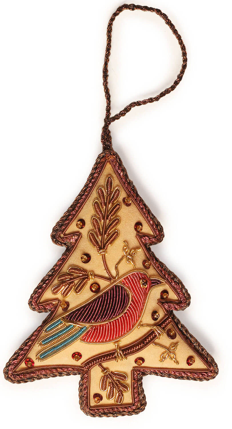 ArtistryBazaar 4.2"2.2" Red Zari Thread Bird & Golden Christmas Tree 