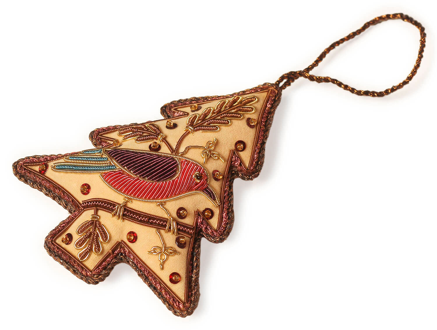 ArtistryBazaar 4.2"2.2" Red Zari Thread Bird & Golden Christmas Tree 