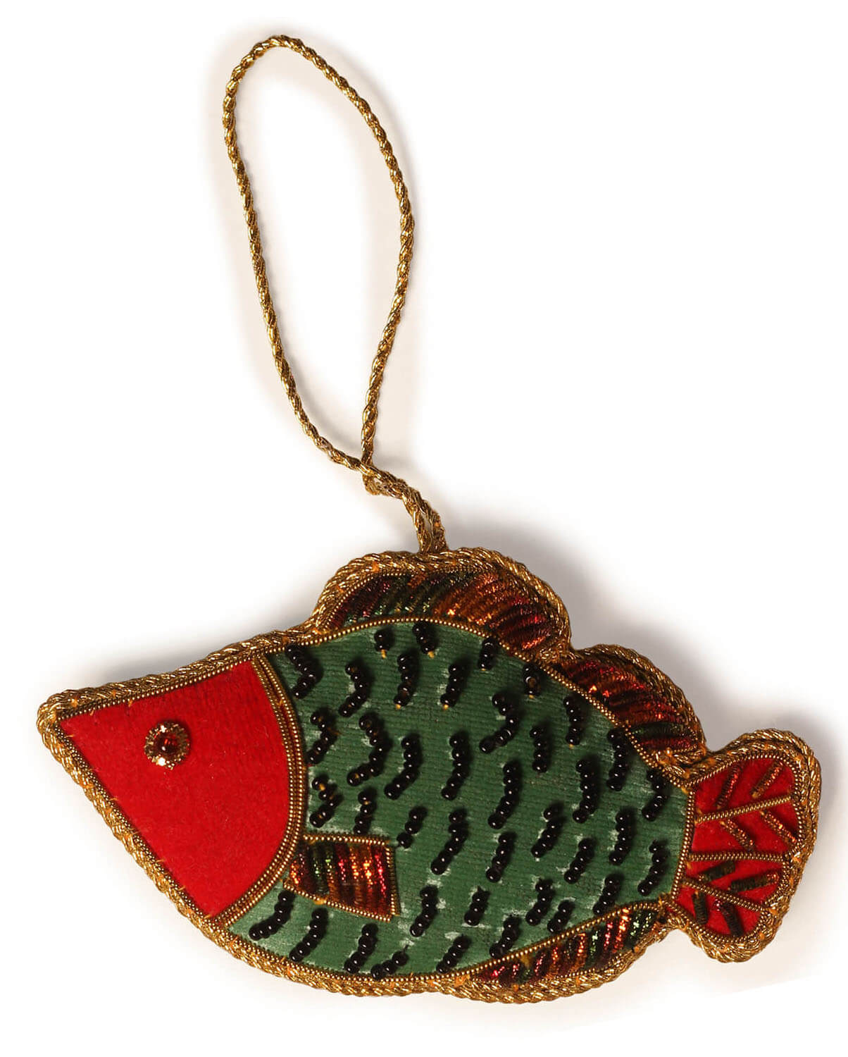 ArtistryBazaar 2.8" X 4" Red and Green colored fish.Handstiched with Zari thread,Cotton and sequins