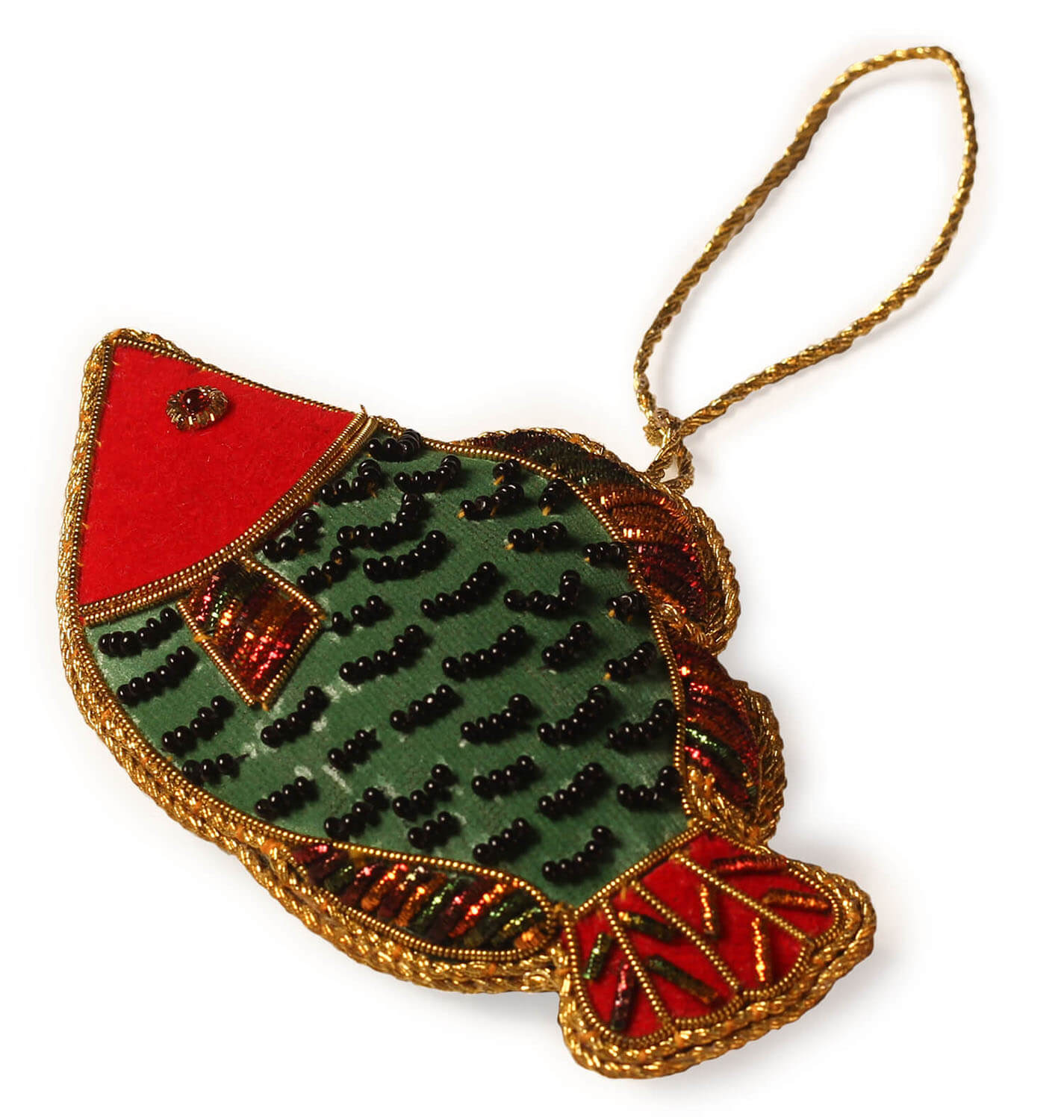 ArtistryBazaar 2.8" X 4" Red and Green colored fish.Handstiched with Zari thread,Cotton and sequins