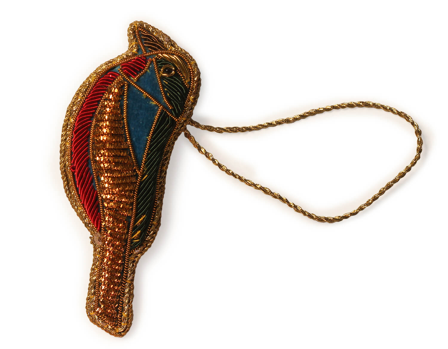 ArtistryBazaar 1.5"x 4" blue & Gold Zari Thread Bird Ornament