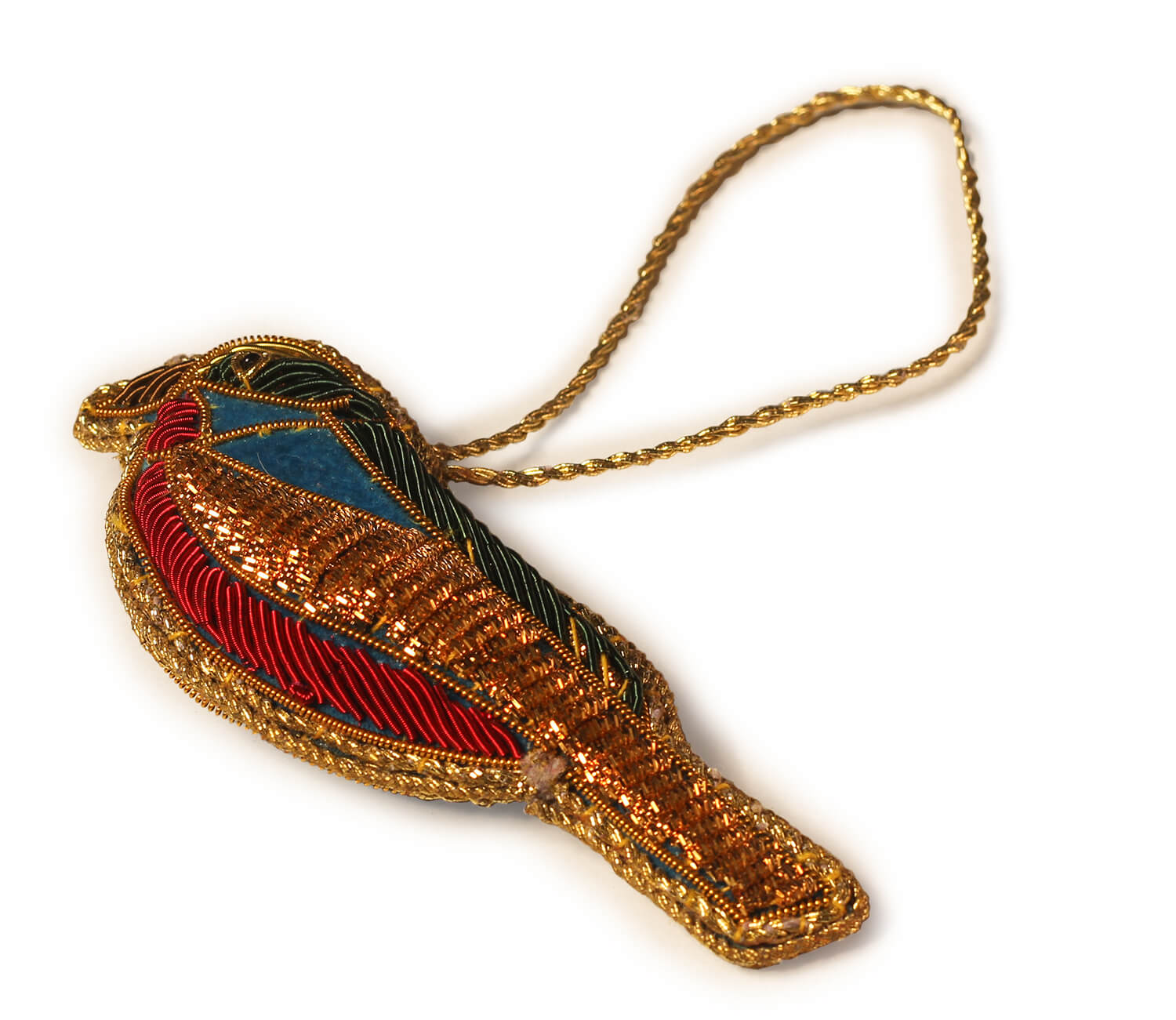 ArtistryBazaar 1.5"x 4" blue & Gold Zari Thread Bird Ornament