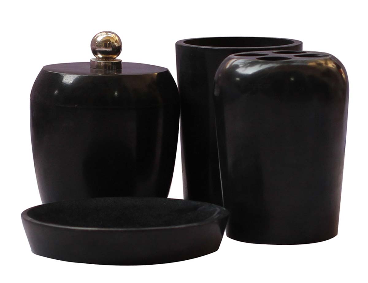 Bulk Wholesale Set of 4 Stone Bathroom Accessories in Black-Color - Soap Dish, Toothbrush Holder, Tumbler & a Container with Lid - Countertop Organizers