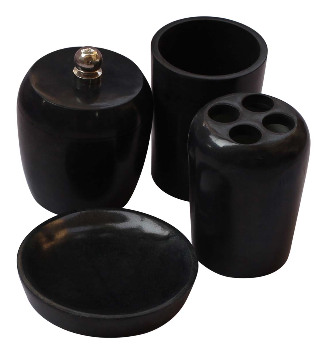 Bulk Wholesale Set of 4 Stone Bathroom Accessories in Black-Color - Soap Dish, Toothbrush Holder, Tumbler & a Container with Lid - Countertop Organizers