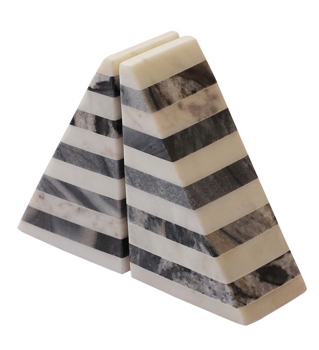 Bulk Wholesale Handmade Triangle Shaped Set of 2 Bookends in Marble – Designed with Black & White Striped Patterns – Bookshelf Accessories