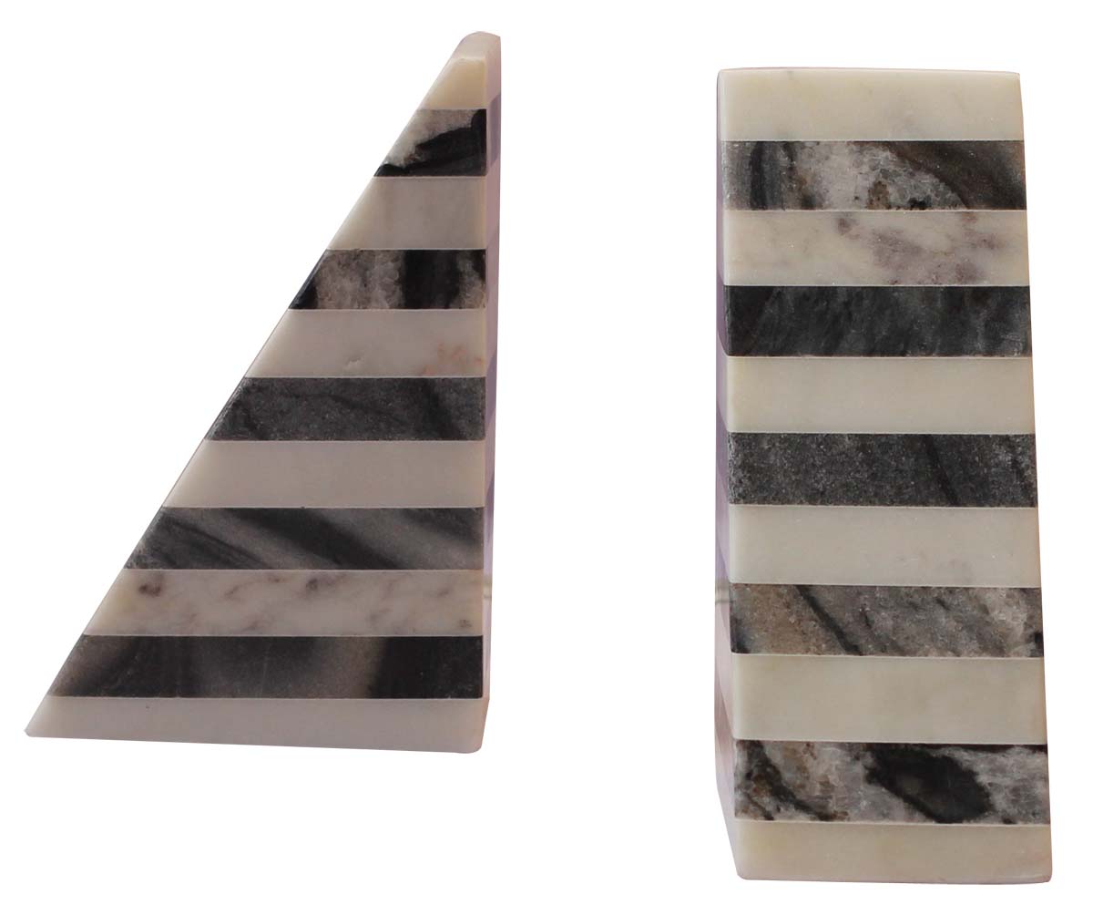 Bulk Wholesale Handmade Triangle Shaped Set of 2 Bookends in Marble – Designed with Black & White Striped Patterns – Bookshelf Accessories