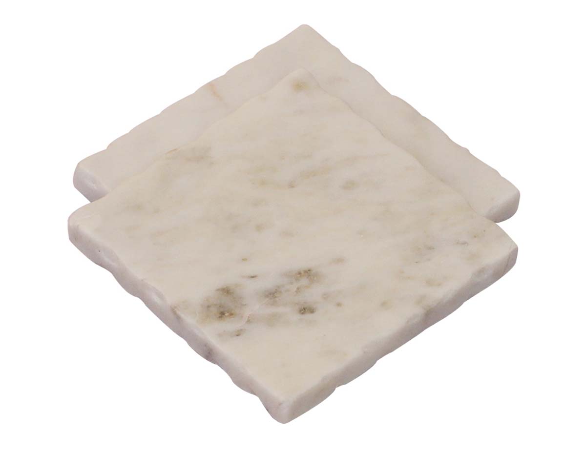 Bulk Wholesale Set of 2 Drink Coasters Handmade Square-Shaped in White Marble with Deckle Edges - Table-Top Accessories - Home Decor