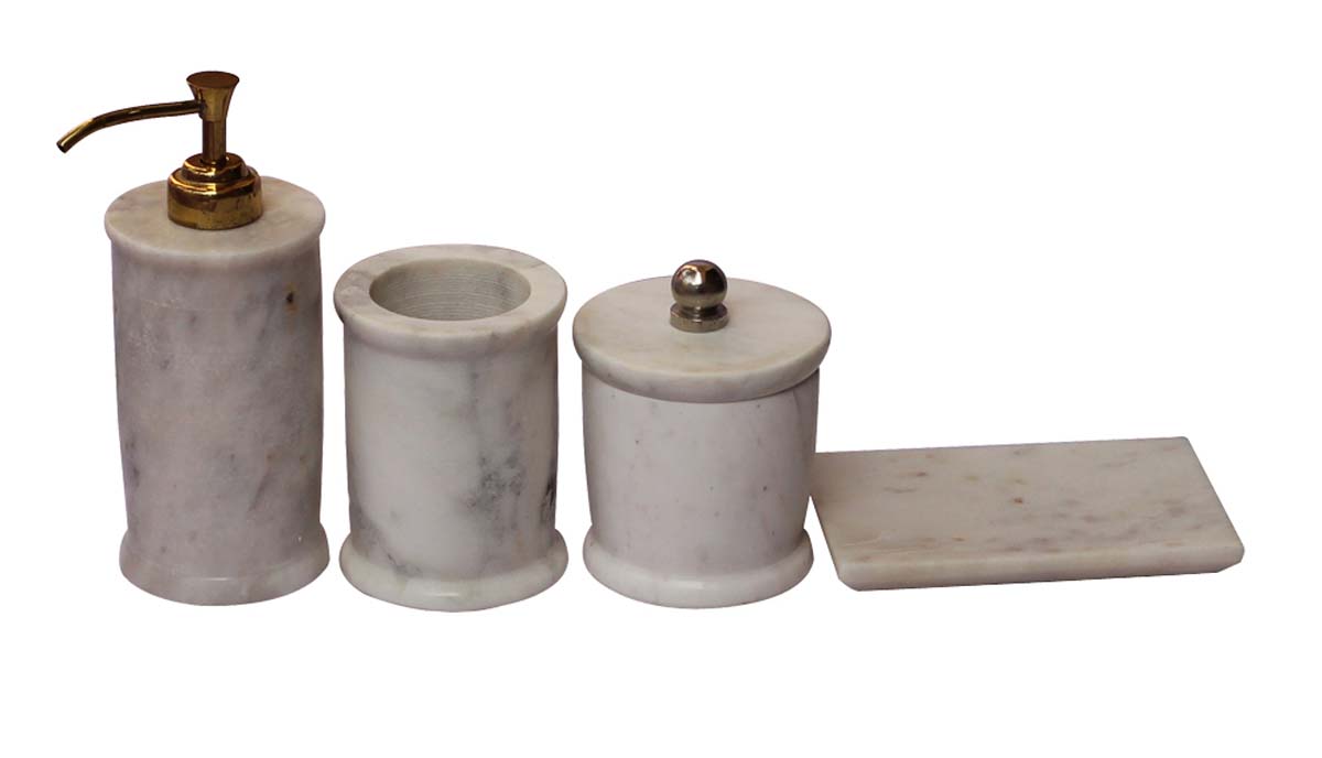 Bulk Wholesale Handmade Set of 4 Bathroom Accessories in White-Color - Soap Dish, Liquid Soap Dispenser, Tumbler & a Container with Lid - Countertop Organizers