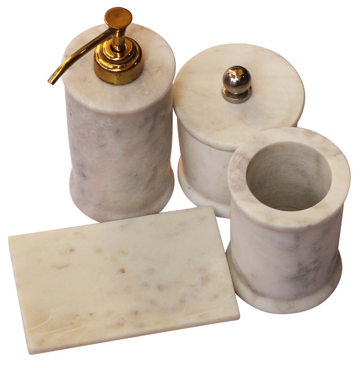 Bulk Wholesale Handmade Set of 4 Bathroom Accessories in White-Color - Soap Dish, Liquid Soap Dispenser, Tumbler & a Container with Lid - Countertop Organizers