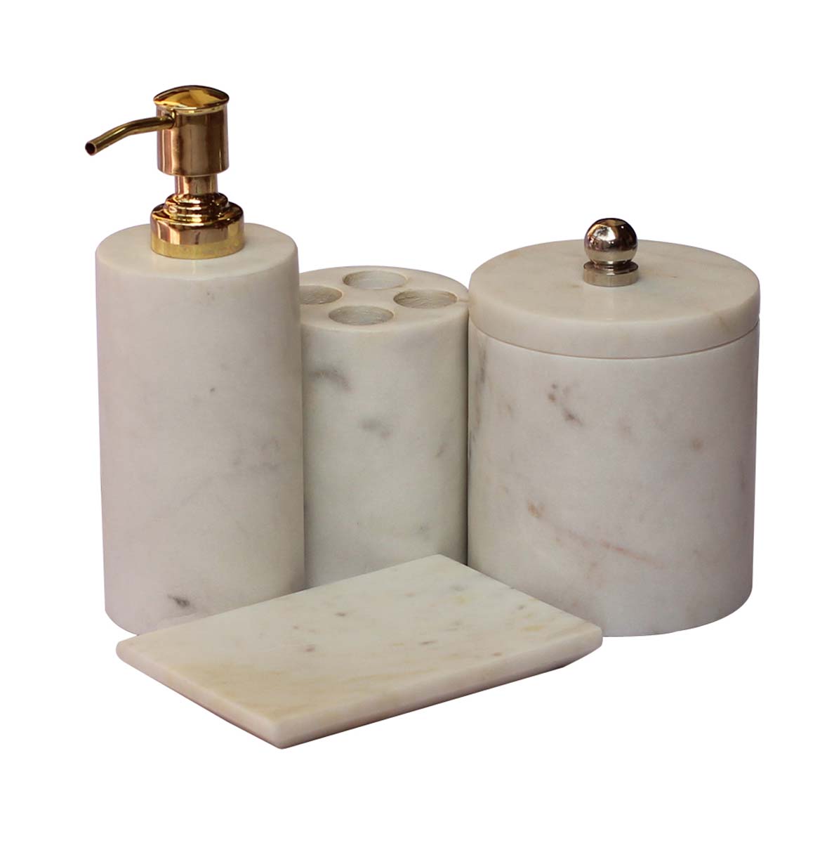 Bulk Wholesale Set of 4 Bathroom Accessories Handmade in White-Color - Soap Dish, Liquid Soap Dispenser, Toothbrush Holder & a Container with Lid - Countertop Organizers