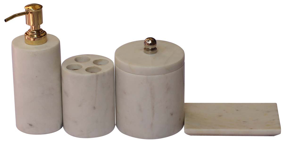 Bulk Wholesale Set of 4 Bathroom Accessories Handmade in White-Color - Soap Dish, Liquid Soap Dispenser, Toothbrush Holder & a Container with Lid - Countertop Organizers