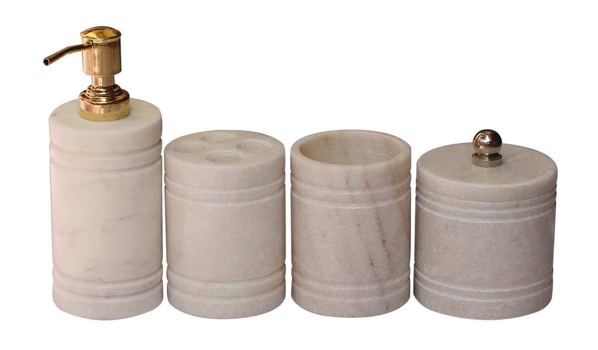 Bulk Wholesale Set of 4 Bathroom Accessories in White-Color with Etched Ring Pattern - Handmade Liquid Soap Dispenser, Tumbler, Toothbrush Holder & a Container with Lid - Countertop Organizers