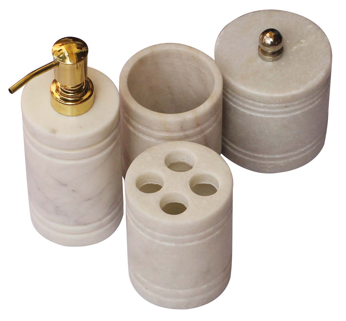 Bulk Wholesale Set of 4 Bathroom Accessories in White-Color with Etched Ring Pattern - Handmade Liquid Soap Dispenser, Tumbler, Toothbrush Holder & a Container with Lid - Countertop Organizers