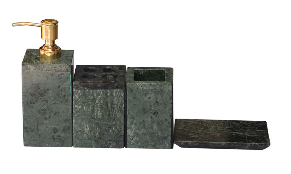 Bulk Wholesale Handmade Marble Set of 4 Bathroom Accessories in Green-Color - Soap Dish, Countertop Liquid Soap Dispenser, 4-Slot Toothbrush Holder & Tumbler - Bath Sink Accessories
