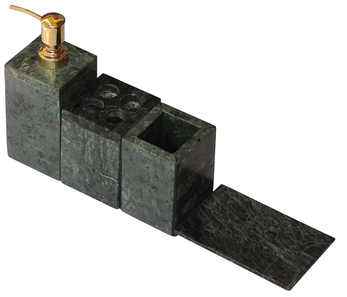 Bulk Wholesale Handmade Marble Set of 4 Bathroom Accessories in Green-Color - Soap Dish, Countertop Liquid Soap Dispenser, 4-Slot Toothbrush Holder & Tumbler - Bath Sink Accessories