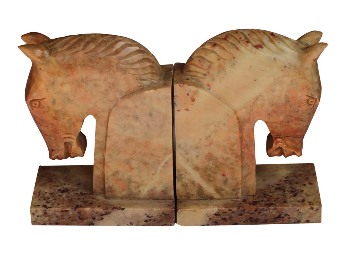 Bulk Wholesale Set of 2 Horse Design Bookends in Shades of Beige and Pink – Hand-Carved in Sandstone – Bookshelf Accessories
