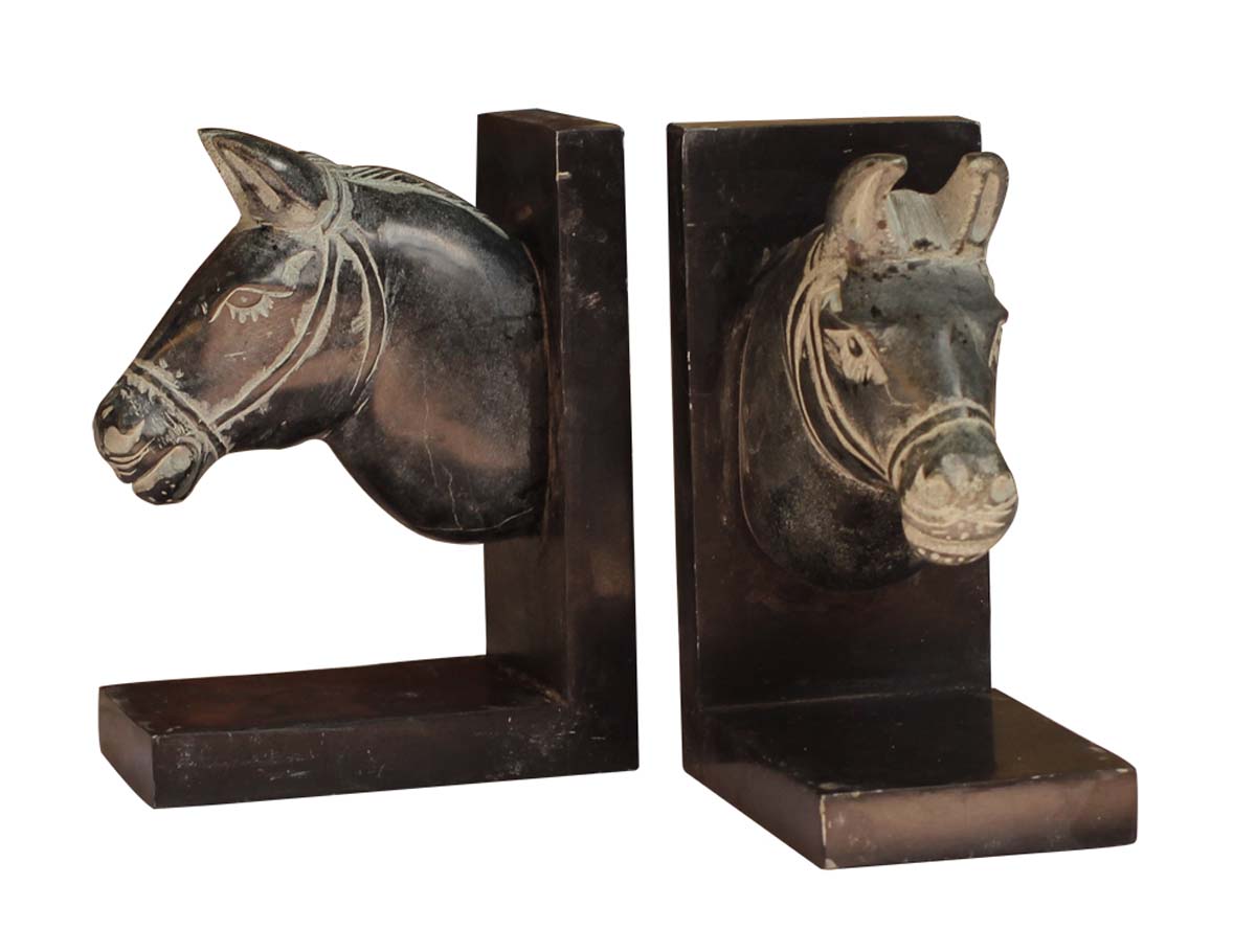 Bulk Wholesale Set of 2 Horse Design Bookends in Gray & Black Color – Hand-Carved in Black Palewa Stone – Bookshelf Accessories