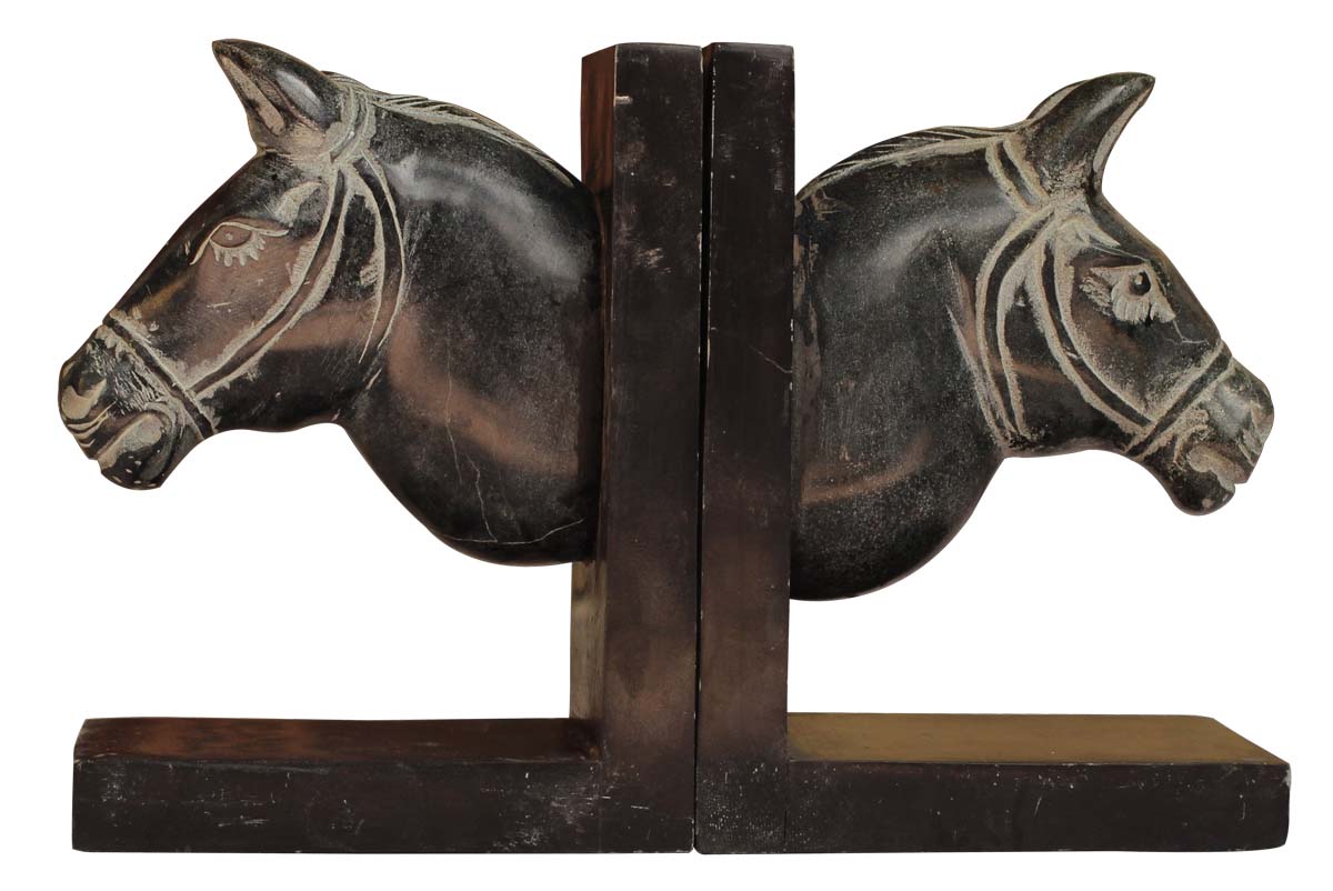 Bulk Wholesale Set of 2 Horse Design Bookends in Gray & Black Color – Hand-Carved in Black Palewa Stone – Bookshelf Accessories