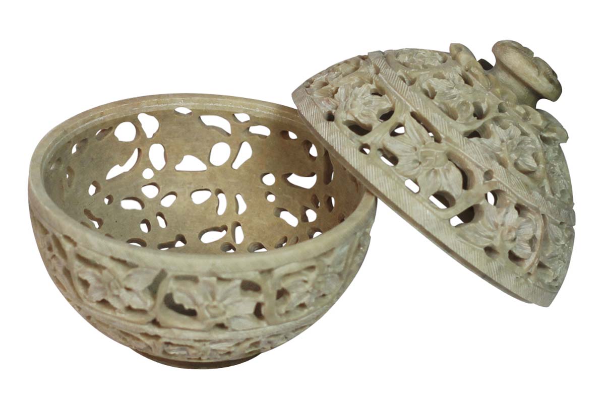 Wholesale 4.4” Soapstone Spherical-Shaped Jewelry Box - Decorative Handmade Trinket/Storage Box with Lid in Openwork or Jali Art - Bulk Buy Dresser Accessories from India