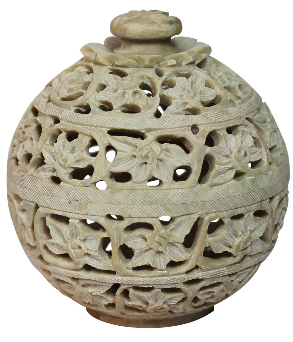 Wholesale 4.4” Soapstone Spherical-Shaped Jewelry Box - Decorative Handmade Trinket/Storage Box with Lid in Openwork or Jali Art - Bulk Buy Dresser Accessories from India