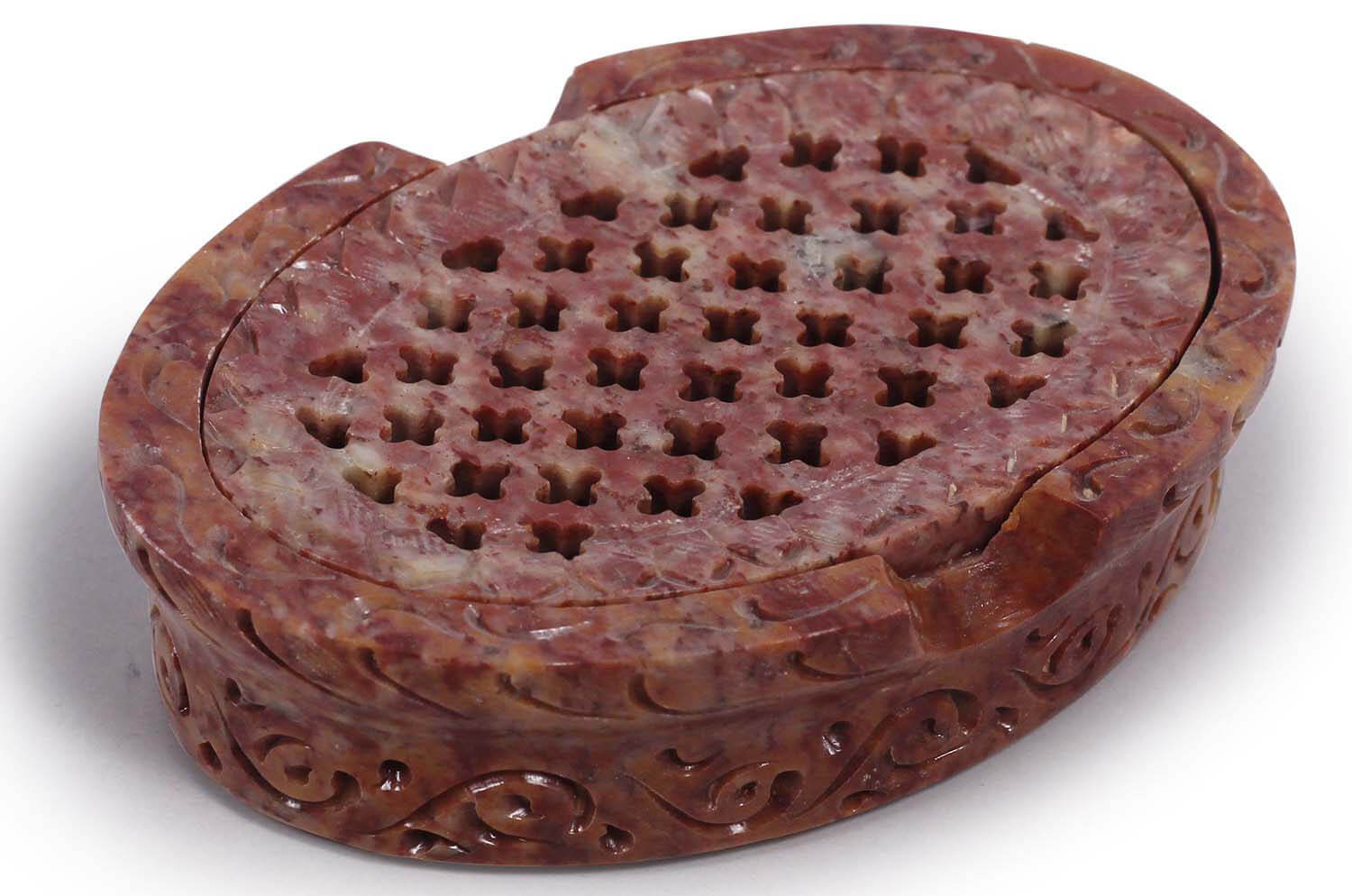 ArtistryBazaar Handcrafted Oval Shaped Natural Reddish Pink Gorara stone Soap Dish Tray Holder – 2 Piece Soap Dish With Drain Holes Filigree on Lid - Kitchen Sink Essentials Bathroom Countertop Accessories
