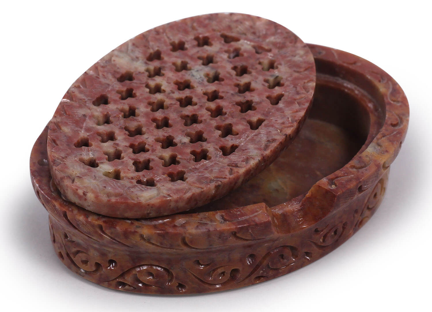 ArtistryBazaar Handcrafted Oval Shaped Natural Reddish Pink Gorara stone Soap Dish Tray Holder – 2 Piece Soap Dish With Drain Holes Filigree on Lid - Kitchen Sink Essentials Bathroom Countertop Accessories