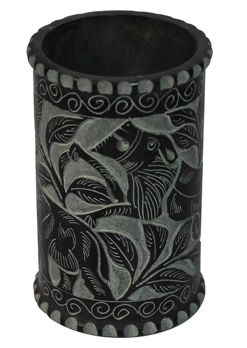 Bulk Wholesale 4” Handmade Black & Gray Color Pen Stand / Holder in Black Palewa Stone – Designed with Leafy Patterns – Desk Accessories
