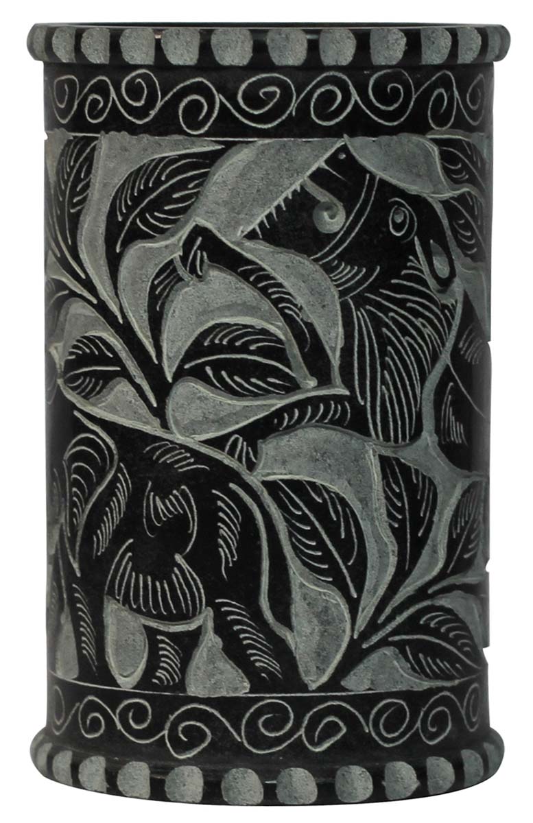 Bulk Wholesale 4” Handmade Black & Gray Color Pen Stand / Holder in Black Palewa Stone – Designed with Leafy Patterns – Desk Accessories
