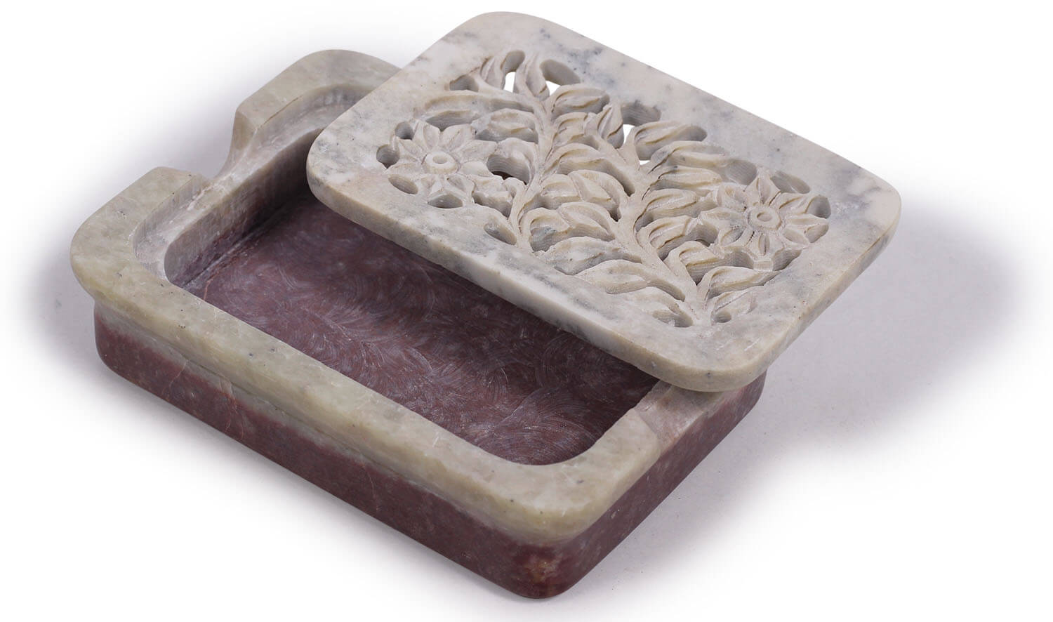 ArtistryBazaar Handcrafted Rectangular Natural White & Reddish Pink Gorara Stone Soap Dish Tray Holder – 2 Piece Soap Dish With Drain Holes Leaf Filigree on Lid - Kitchen Sink Essentials Bathroom Countertop Accessories