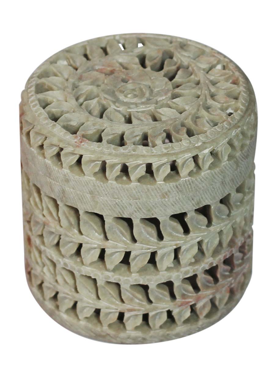 Wholesale 3” Soapstone Jewelry Box in Bulk - Hand-Carved Cylinder-Shaped Box/Container with a Top Lid - Decorative Centerpieces in Openwork or Jali Art - Decorative Boxes from India