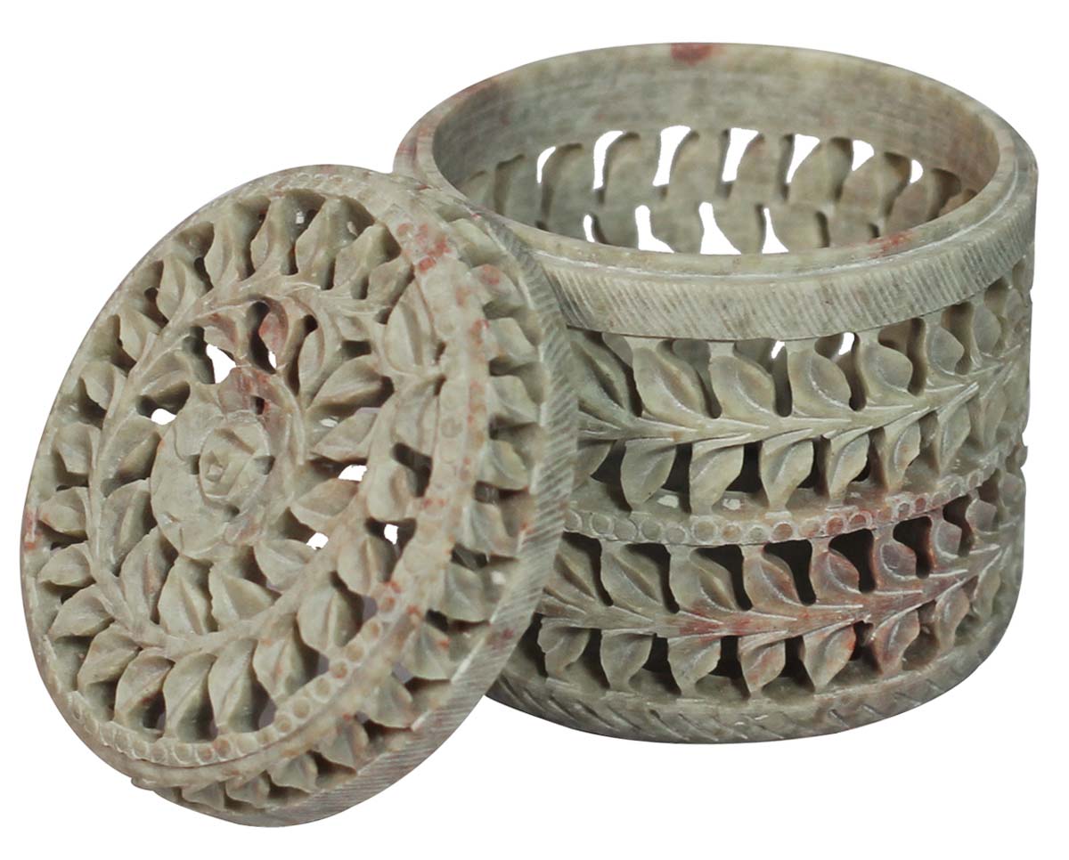 Wholesale 3” Soapstone Jewelry Box in Bulk - Hand-Carved Cylinder-Shaped Box/Container with a Top Lid - Decorative Centerpieces in Openwork or Jali Art - Decorative Boxes from India