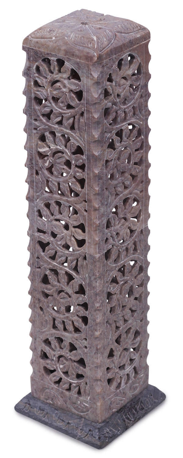 ArtistryBazaar Handmade 3” L X 3” W X 11.3” H Rectangular Incense Box – Natural Soapstone Carved Leaf Filigree Incense Stick Holder / Cone Holder Tower Burner – Home FrAgrance & Décor Accessories– Decorative Housewarming / Gift Ideas