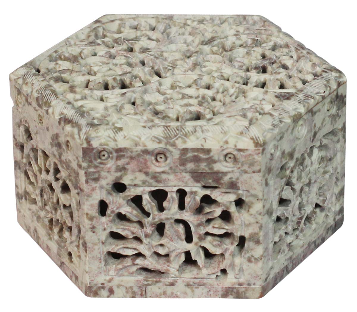 Wholesale 4.4” Soapstone Jewelry Box in Bulk - Hand-Carved Hexagon-Shaped Box/Container with Hinged Top Cover - Handmade Centerpieces in Openwork or Jali Art - Decorative Boxes from India