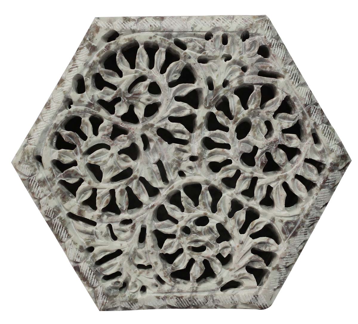 Wholesale 4.4” Soapstone Jewelry Box in Bulk - Hand-Carved Hexagon-Shaped Box/Container with Hinged Top Cover - Handmade Centerpieces in Openwork or Jali Art - Decorative Boxes from India