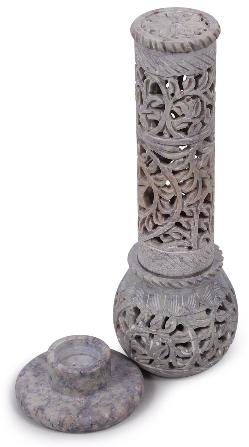 ArtistryBazaar Handmade 2.6” L X 2.6” W X 9.5” H Vertical Incense Box – Natural Soapstone Carved Leaf Filigree Incense Stick Holder / Cone Holder Tower Burner – Home FrAgrance & Décor Accessories– Decorative Housewarming / Gift Ideas