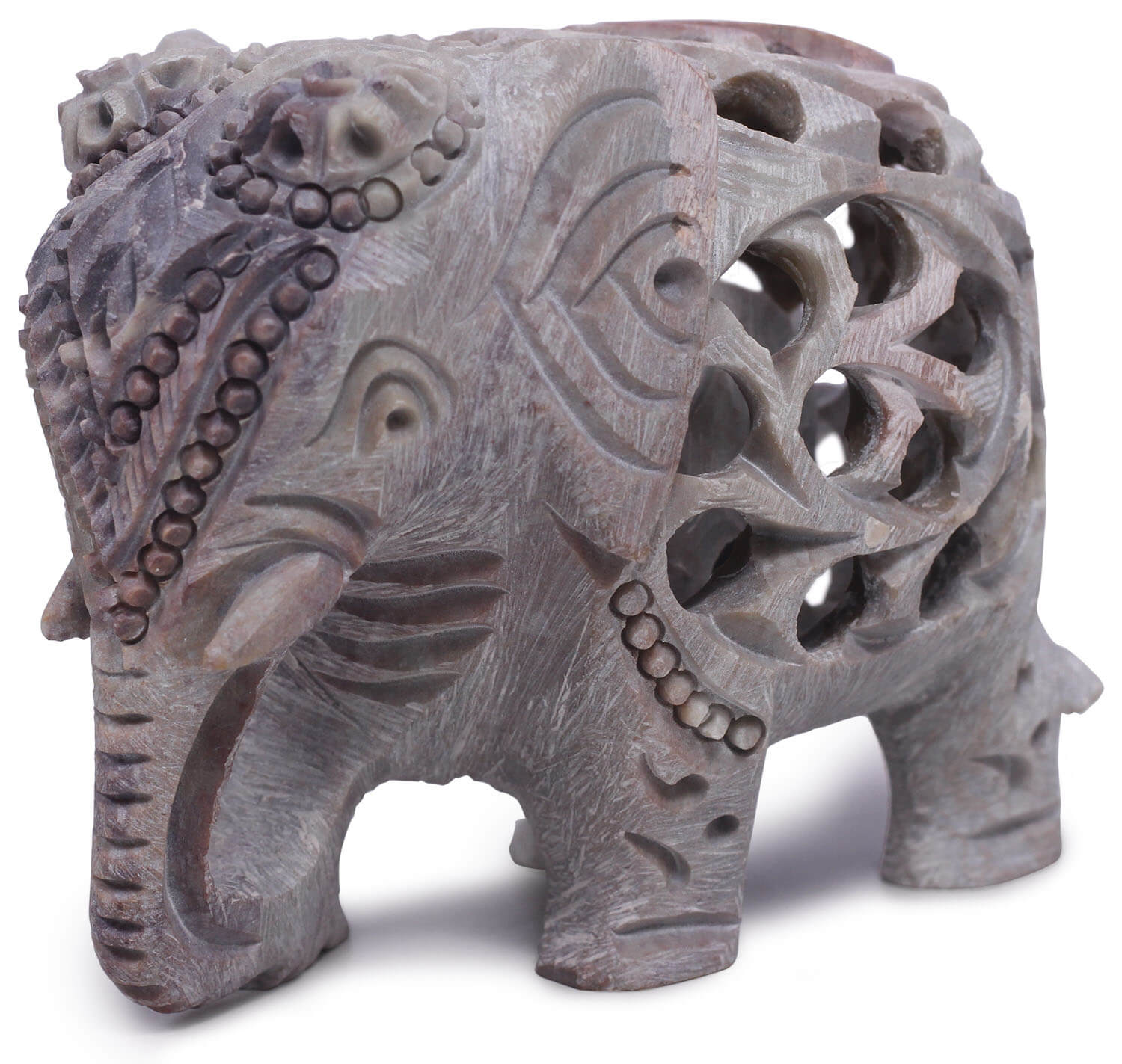 ArtistryBazaar 3.5”L X 3”H Small Handmade Soapstone Elephant Sculpture – Mother & Baby Figurine Filigree Latticework Stone Art – Natural Grey Stoneware Art - Unique Animal Decorative Display Décor