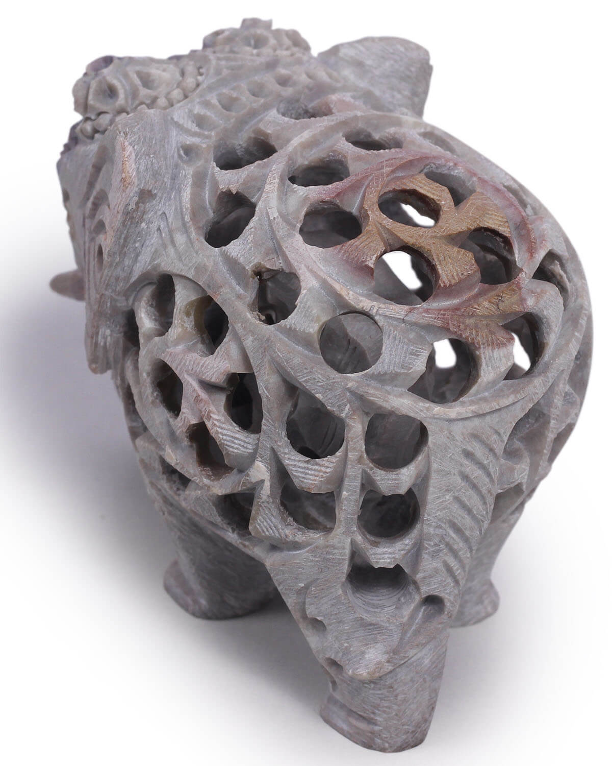 ArtistryBazaar 3.5”L X 3”H Small Handmade Soapstone Elephant Sculpture – Mother & Baby Figurine Filigree Latticework Stone Art – Natural Grey Stoneware Art - Unique Animal Decorative Display Décor