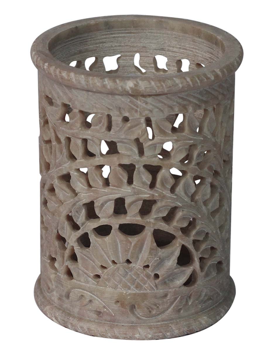 Bulk Wholesale Pen Stand/Holder/Organizer 4 Inch Handmade in Soapstone - Decorated with Leafy Patterns in Jali Art - Desk Accessories - Home/Office Decor