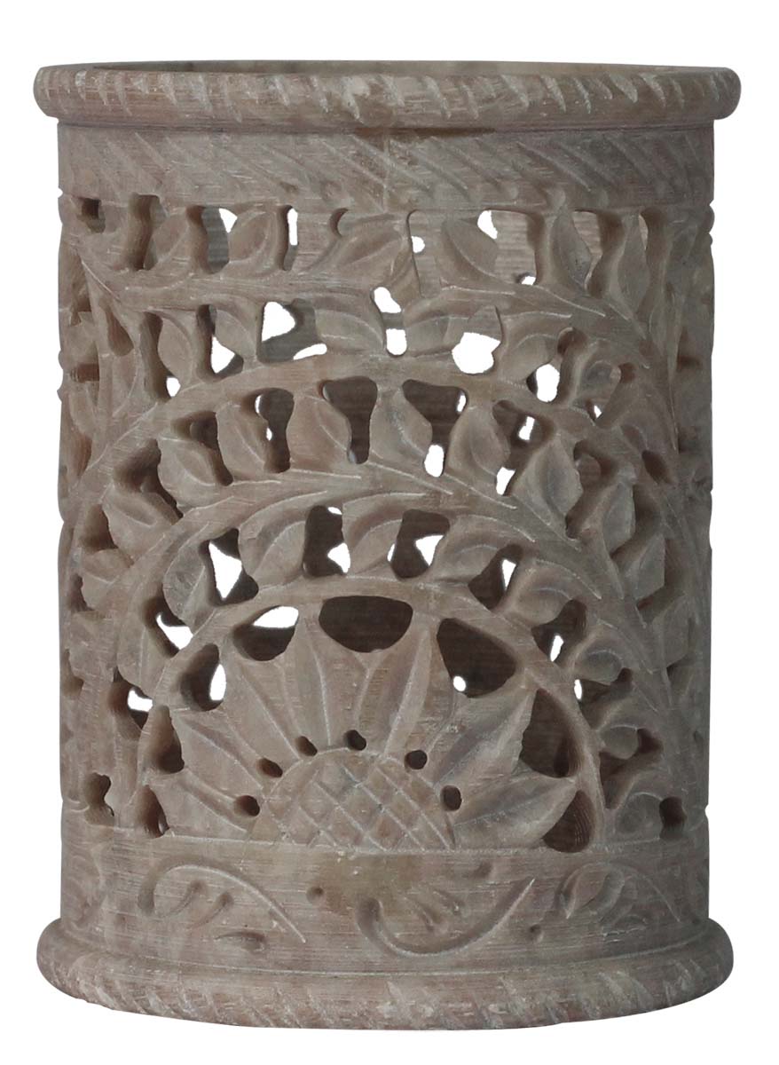Bulk Wholesale Pen Stand/Holder/Organizer 4 Inch Handmade in Soapstone - Decorated with Leafy Patterns in Jali Art - Desk Accessories - Home/Office Decor