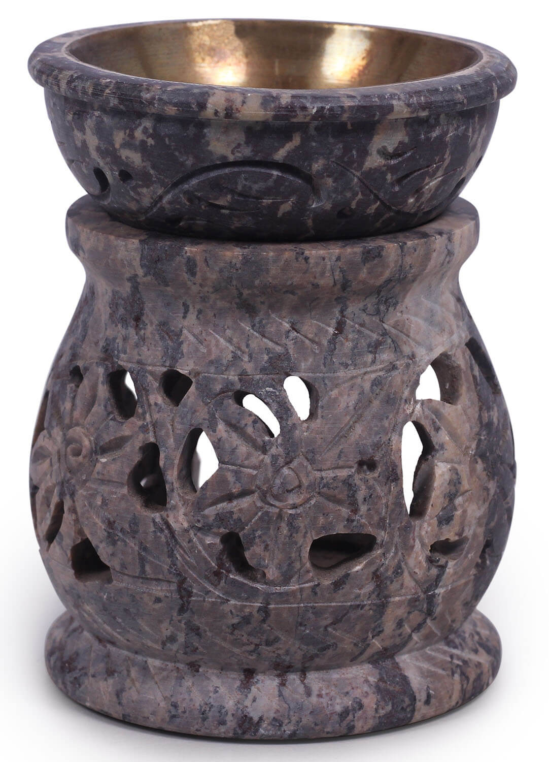 ArtistryBazaar 3” L X 4”H Small Handmade Soapstone Essential Oil Burner with Diffuser Bowl / Oil Burner for FrAgrance Aromatherapy Filigree Latticework Stone Art – Natural Grey Stoneware Art - Elegant Tea Light Votive for Home, Spa, Restaurant, Hotel, Resort
